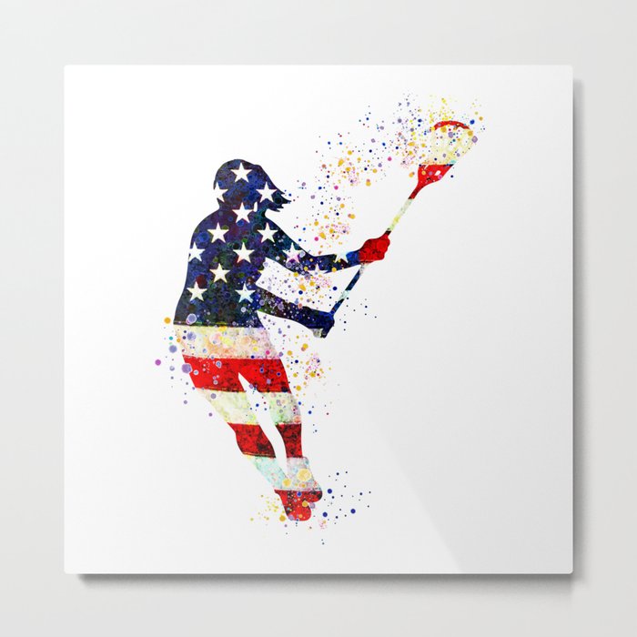 Girl Lacrosse Art American Flag Colorful Watercolor Sports Art Metal Print
