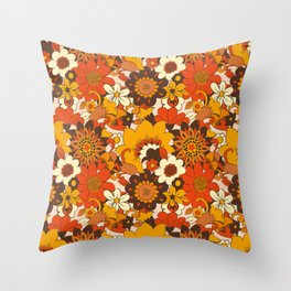 Retro 70s Flower Power, Floral, Orange Brown Yellow Psychedelic Pattern Throw Pillow