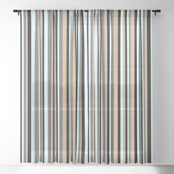 Tan, Dim Grey, Light Cyan & Black Colored Lines Pattern Sheer Curtain