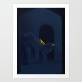 carrying sunlight Art Print | Dog, Painting, Yellow, Canine, Animal, Curated, Blue, Wolf, Digital 