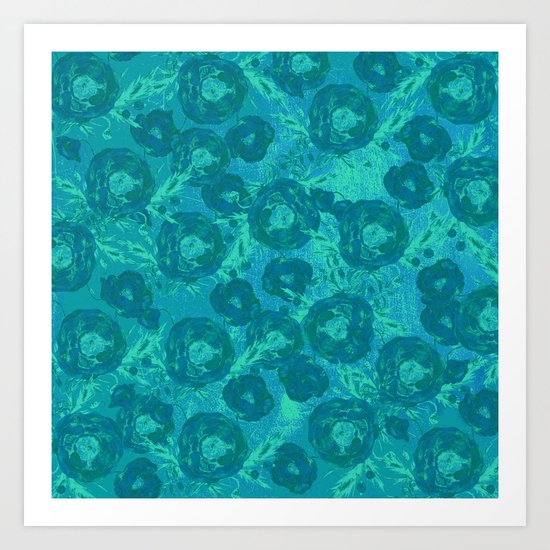 Abstract Poppy Pattern Blue Art Print