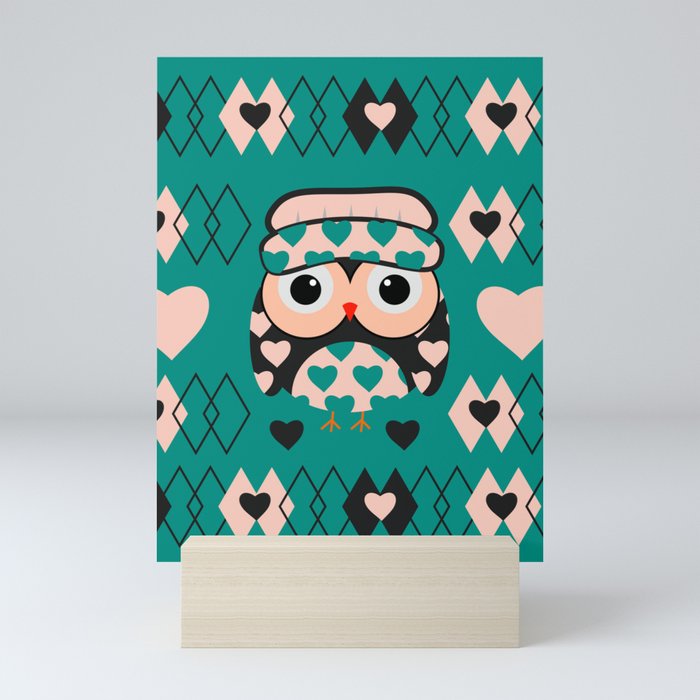 Owl and heart pattern Mini Art Print