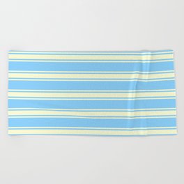 [ Thumbnail: Light Sky Blue and Light Yellow Colored Stripes Pattern Beach Towel ]