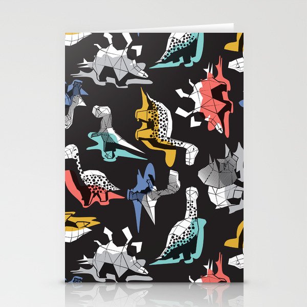 Geometric Dinos // non directional design black background multicoloured dinosaurs shadows Stationery Cards