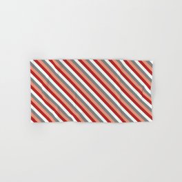 [ Thumbnail: Dark Salmon, Red, Mint Cream & Grey Colored Stripes Pattern Hand & Bath Towel ]