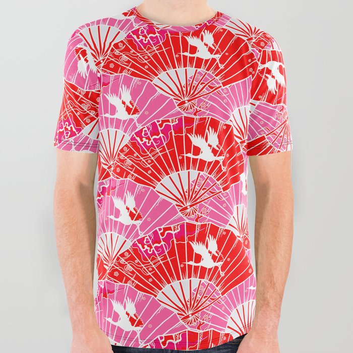 Preppy Room Decor - Pink Red Chinoiserie Fans Pattern All Over Graphic Tee