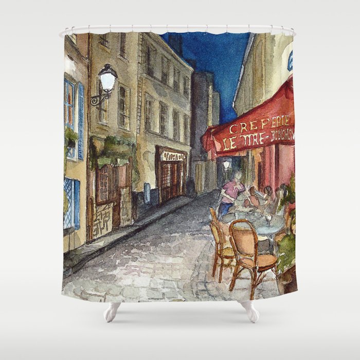 Postcards From Paris Montmartre By Night Le Tire Bouchon Creperie Postcards From Paris Montmartre By Night Le Tire Bouchon Creperie Shower Curtain Naturalbornvagabond Society6