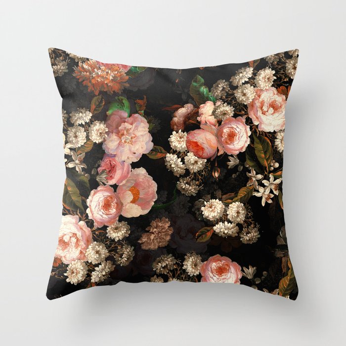 Antique Botanical Shiny Peach Roses And Chamomile Midnight Garden 2 Throw Pillow