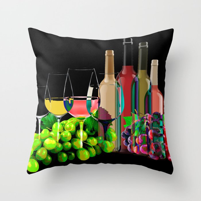 Graphic Art Composition Of Grapes, Wine Glasses, and Bottles Throw Pillow