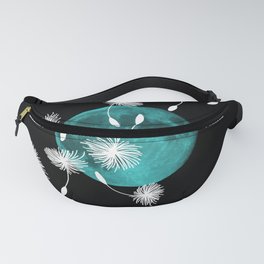 Turquoise Moon with Dandelions Fanny Pack | Modern, Simple, Leaves, Blackandwhite, Flowers, Art, Abstract, Artwork, Moon, Fantasy 