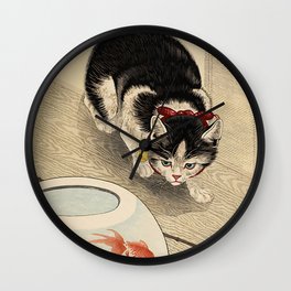 Cat and Bowl of Goldfish (1933) — Ohara Koson Wall Clock