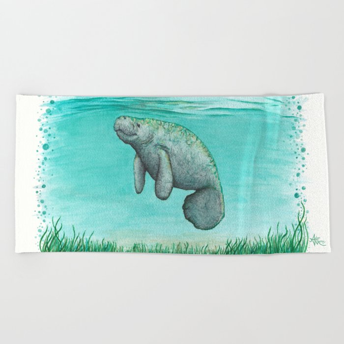 "Mossy Manatee" by Amber Marine ~ Watercolor & Ink Painting, (Copyright 2016) Beach Towel