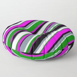 [ Thumbnail: Eyecatching Slate Gray, White, Green, Fuchsia, and Black Colored Striped Pattern Floor Pillow ]