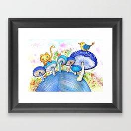Blue Mushrooms, cat and bird Framed Art Print