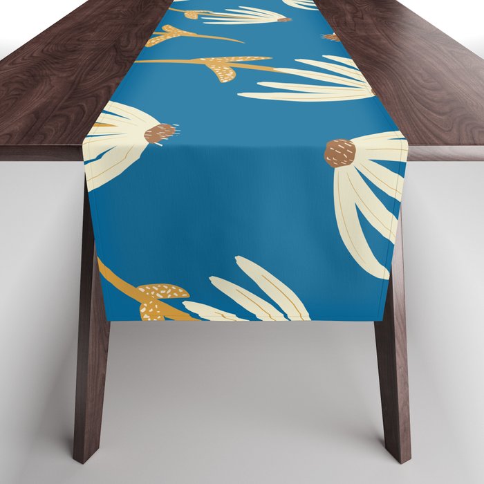 Modern Retro Loose Floral Pattern Royal Blue and Gold Table Runner