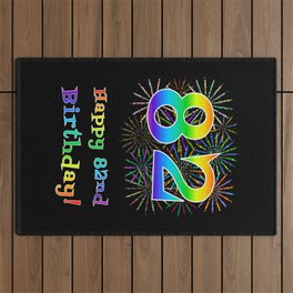 [ Thumbnail: 82nd Birthday - Fun Rainbow Spectrum Gradient Pattern Text, Bursting Fireworks Inspired Background Outdoor Rug ]