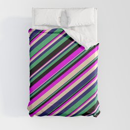 [ Thumbnail: Eyecatching Fuchsia, Bisque, Midnight Blue, Sea Green & Black Colored Lines/Stripes Pattern Duvet Cover ]