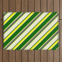 [ Thumbnail: Beige, Dim Gray, Dark Green & Yellow Colored Lined Pattern Outdoor Rug ]