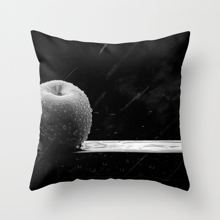 Apple with dewdrops and morning rain still life portrait black and white photograph - photography - photographs Throw Pillow