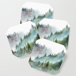 Watercolor Pine Forest Mountains in the Fog Coaster