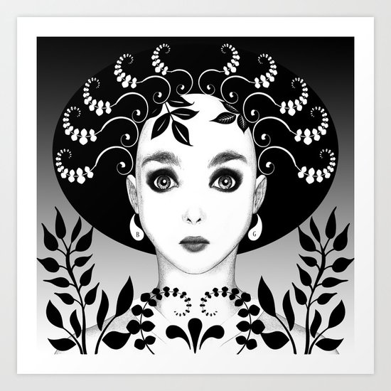 Black and white floral portrait Art Print