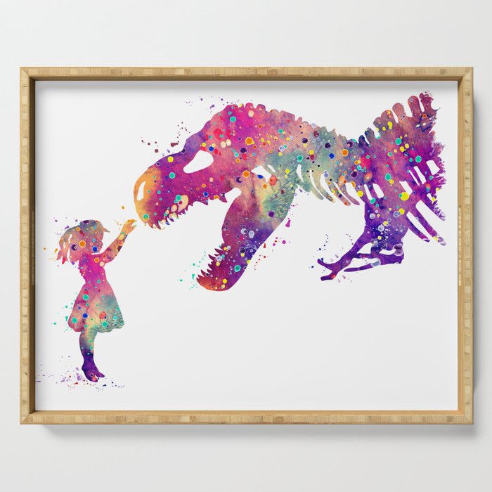 Girl and Dinosaur T Rex Art Animals Nursery Decor Kids Room Watercolor Print Purple Home Decor Serving Tray