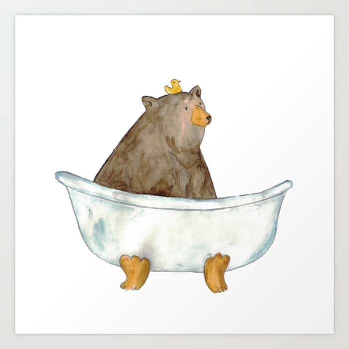 Bear taking bath watercolor painting Art Print