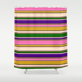[ Thumbnail: Eyecatching Goldenrod, Dark Green, Hot Pink, Bisque & Indigo Colored Striped/Lined Pattern Shower Curtain ]