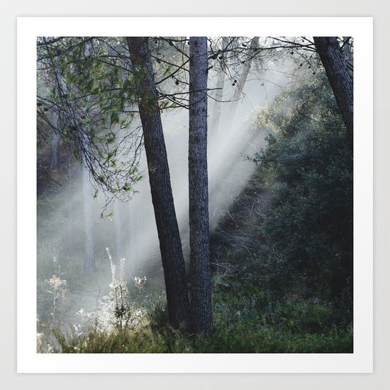 "Sunrays through the foggy forest". Retro dreams.... Art Print