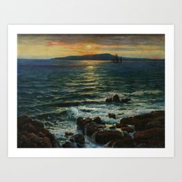Beautiful Island Sunset on the Sea; 19th Century oil, sunset over seascape painting by Vartan Mahokian Art Print