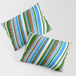 [ Thumbnail: Vibrant Sienna, Sky Blue, Blue, Light Yellow, and Dark Green Colored Striped Pattern Pillow Sham ]
