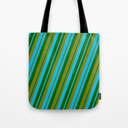 [ Thumbnail: Dark Green, Green, and Deep Sky Blue Colored Lined Pattern Tote Bag ]