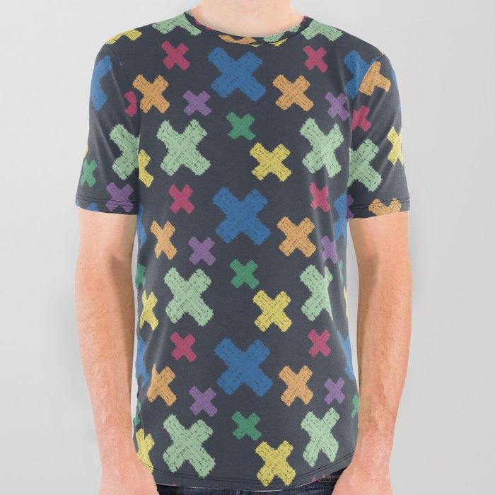 Modern colorful geometric tie dye X pattern on navy All Over Graphic Tee