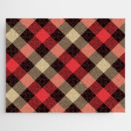 Red Plaid with Diagonal Tan and Black Stripes Jigsaw Puzzle