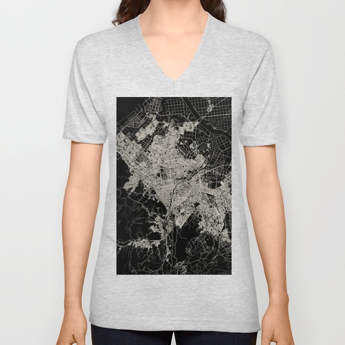 Sapporo - Japan - Black and White City Map V Neck T Shirt