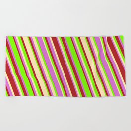 [ Thumbnail: Green, Beige, Orchid, and Red Colored Lined Pattern Beach Towel ]