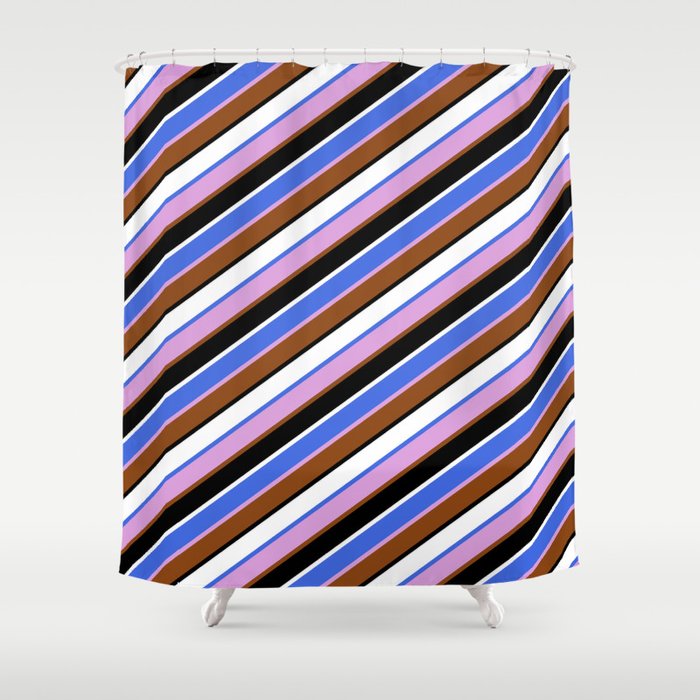 Royal Blue, Plum, Brown, Black & White Colored Lines Pattern Shower Curtain