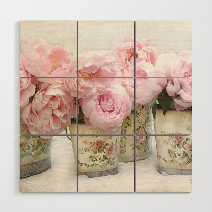 Paris Shabby Chic Pink Pastel Peonies In French Fleur Buckets Cottage Chic Wall Art Prints Home Decor Wood Wall Art