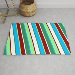 [ Thumbnail: Vibrant Green, Deep Sky Blue, Sea Green, White & Dark Red Colored Lines Pattern Rug ]