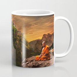 Monk Meditating On A Mountain Coffee Mug | Buddhist, Buddhistmonk, Sunset, Mountains, Monk, Buddhism, Photomanipulation, Computerart, Mountain, Landscape 