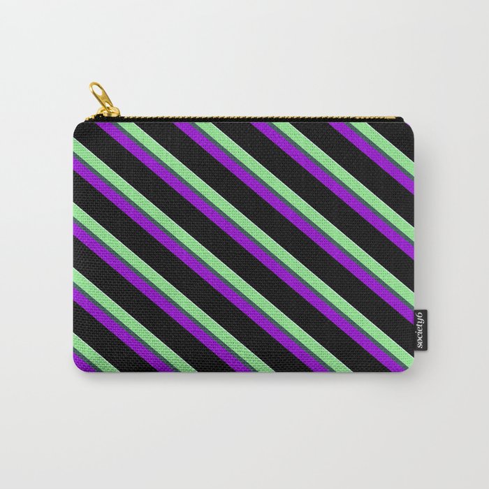 Colorful Light Green, Dark Slate Gray, Dark Violet, Black, and Light Cyan Colored Stripes Pattern Carry-All Pouch