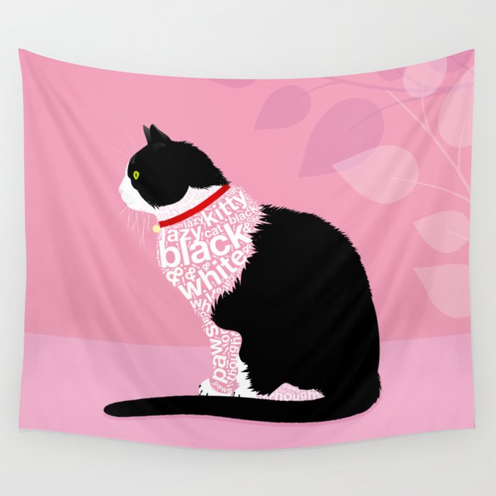 Typographic black and white lazy kitty cat on pink  #typography #catlover Wall Tapestry