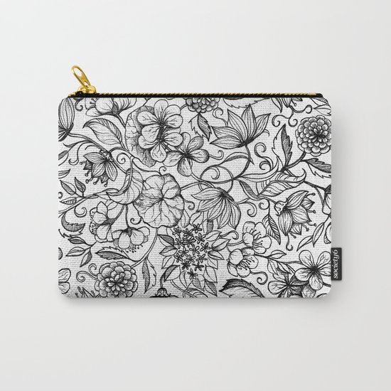 Hand drawn pencil floral pattern in black and white Carry-All Pouch