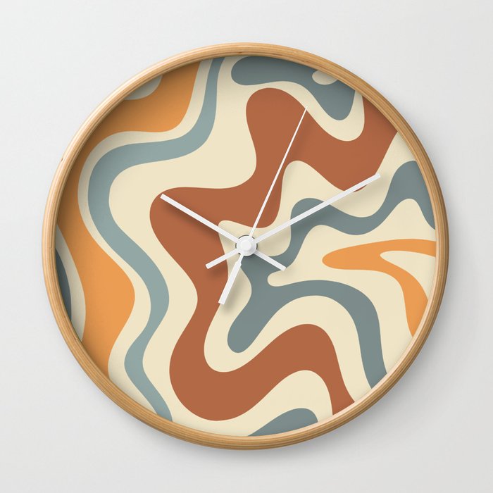 Retro Liquid Swirl Abstract Pattern in Slate Blue Orange Rust Wall Clock