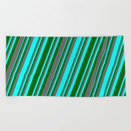 [ Thumbnail: Aqua, Dark Green & Dim Grey Colored Lines/Stripes Pattern Beach Towel ]