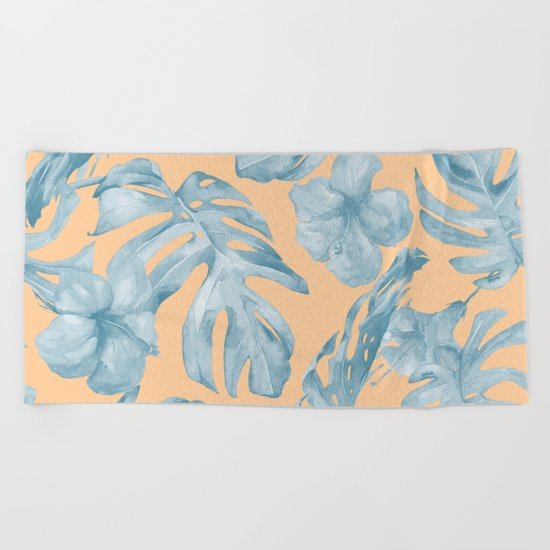Island Sunrise Hibiscus Palm Orange Ocean Blue Beach Towel