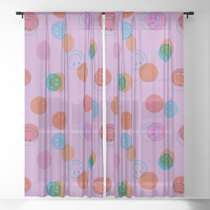 Smiley Face Stamp Print in Purple Sheer Curtain