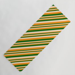 [ Thumbnail: Dark Orange, Dark Green & Bisque Colored Lines Pattern Yoga Mat ]