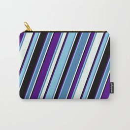 [ Thumbnail: Colorful Indigo, Sky Blue, Blue, Mint Cream, and Black Colored Lines Pattern Carry-All Pouch ]