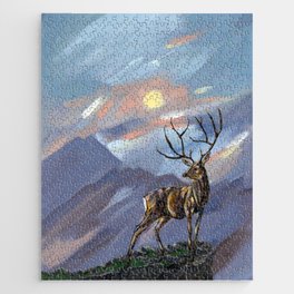 Stag on the mountain by moonlight - Abstract painting. Collaboration with Rachel Radford Jigsaw Puzzle